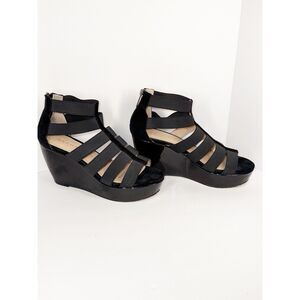 Sacha London Omega Wedge Strappy Sandal Elastic Black Patent Leather Classic 7.5